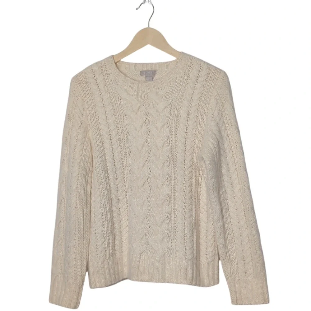 J. Crew Handknit Cozy Cream Cable Knit Sweater Wool‎ Angora Quiet Luxury Small